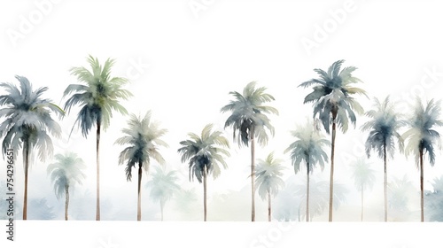 Hand painted of palm trees in watercolor texture on a white background.