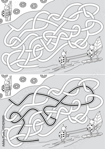 Ladybugs water skiing and windsurfing maze for kids with a solution