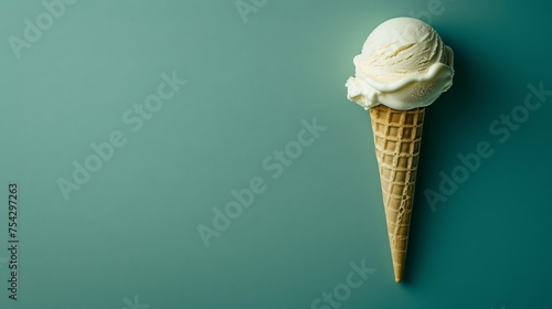  an ice cream cone with a single scoop of ice cream on top of it on a blue and green background.