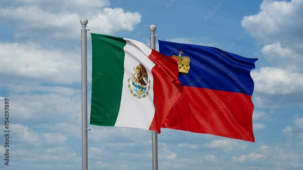 Liechtenstein and Mexico two flags waving together, looped video, two country cooperation concept Liechtenstein and Mexico two flags waving together, looped video, two country cooperation concept