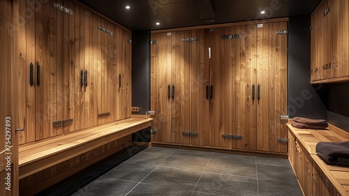 Modern Wooden Lockers in a Gym Changing Room with Benches and Towels photo