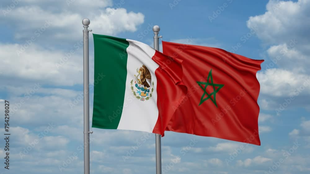 Morocco and Mexico two flags waving together, looped video, two country relations concept Morocco and Mexico two flags waving together, looped video, two country relations concept