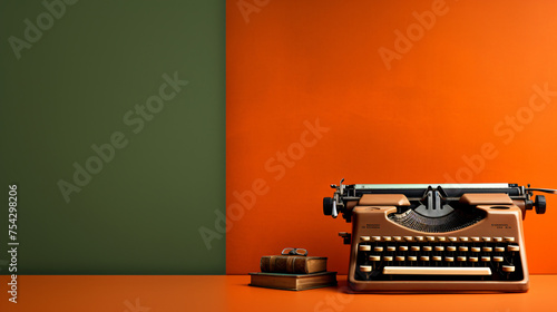 Old fashioned typewriter on solid background panoramic