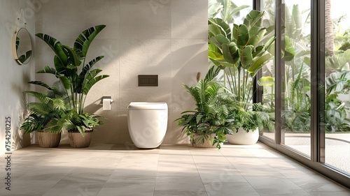 Lush greenery in a bright eco-friendly bathroom interior with natural light enhancing wellness