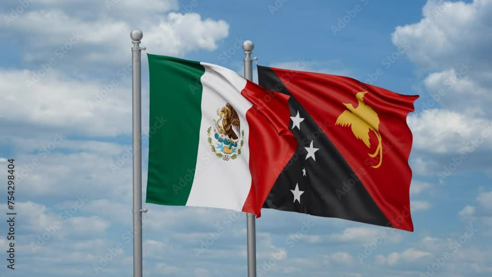 Papua New Guinea and Mexico two flags waving together, looped video, two country relations concept Papua New Guinea and Mexico two flags waving together, looped video, two country relations concept