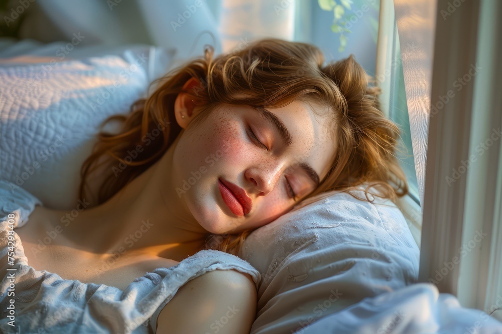 Tranquil Young Woman Sleeping Peacefully in Sunlit Room with Gentle Morning Light Tranquil Young Woman Sleeping Peacefully in Sunlit Room with Gentle Morning Light
