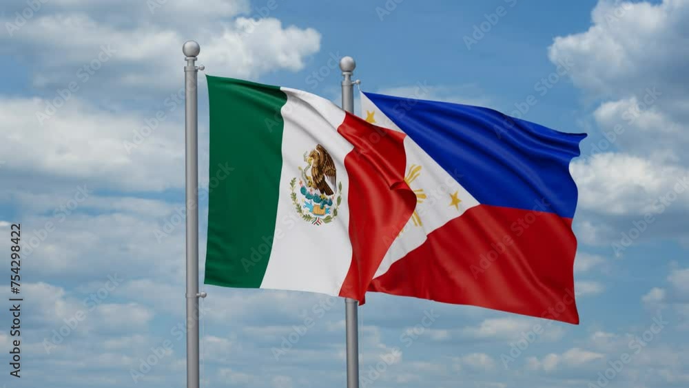 Philippines and Mexico two flags waving together, looped video, two country cooperation concept Philippines and Mexico two flags waving together, looped video, two country cooperation concept