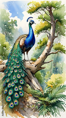 Colorful peacock perched on a tropical tree branch in vibrant jungle setting