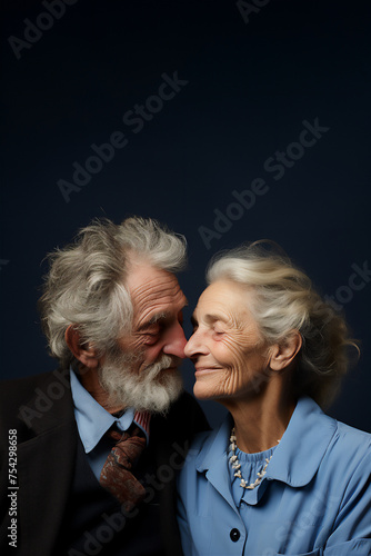 banner Portrait of happy senior pensioners embracing, old man in suit, woman in blue blouse