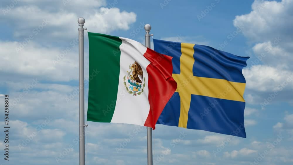 Sweden and Mexico two flags waving together, looped video, two country cooperation concept Sweden and Mexico two flags waving together, looped video, two country cooperation concept