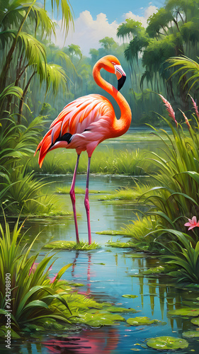 Graceful pink flamingos standing in a tranquil pond amidst lush greenery, showcasing their vibrant feathers and elegant necks