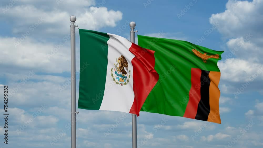 Zambia and Mexico two flags waving together, looped video, two country cooperation concept Zambia and Mexico two flags waving together, looped video, two country cooperation concept