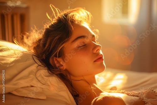 Peaceful Young Woman Enjoying Sunlight during Golden Hour in Cozy Bedroom Setting