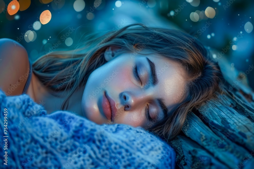 Serene Young Woman Sleeping Peacefully Outdoors at Dusk Surrounded by Twinkling Lights and Soft Blue Hues Serene Young Woman Sleeping Peacefully Outdoors at Dusk Surrounded by Twinkling Lights and Soft Blue Hues