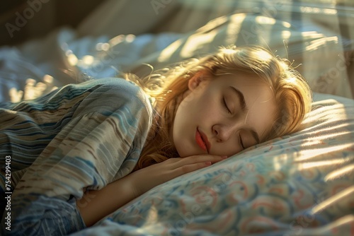 Serene Young Woman Sleeping Peacefully in Sunlit Room, Gentle Morning Light Caressing Her Face