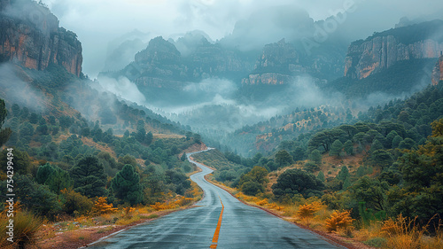 Misty mountain road with lush greenery and foggy peaks  conveying a sense of travel