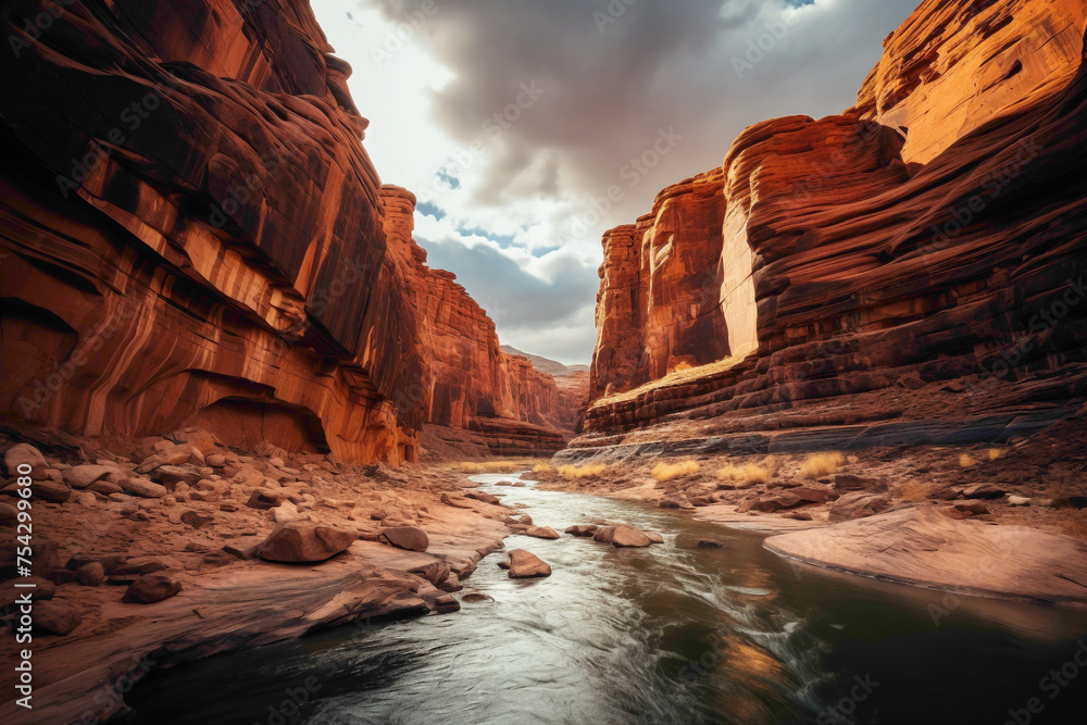 A dramatic canyon landscape, with towering red rock formations, deep crevices, and a meandering river winding its way through the rugged terrain.
