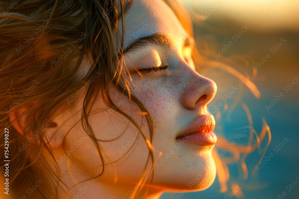 Tranquil Portrait of a Young Woman Enjoying a Serene Sunset with Gentle Wind in Hair, Golden Hour Beauty Tranquil Portrait of a Young Woman Enjoying a Serene Sunset with Gentle Wind in Hair, Golden Hour Beauty