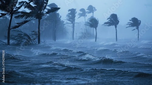 Extreme weather conditions. Very strong wind blows palm trees on island. Tropical storm. Bad weather concept. Flood on the beach. Flooding due to heavy rain. Dangerous thunderstorm.