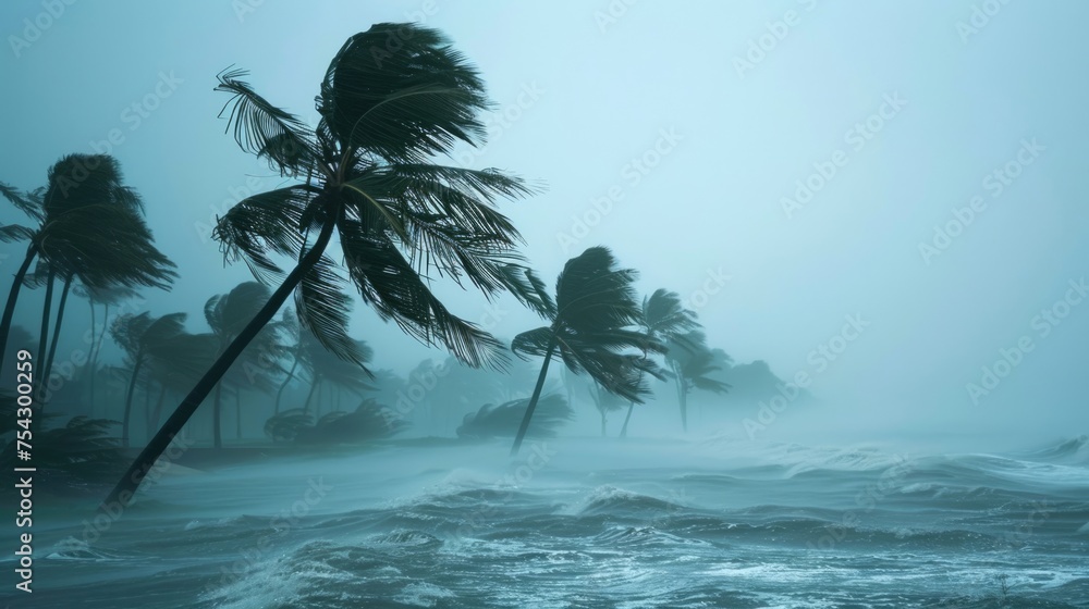 Fototapeta premium Extreme weather conditions. Very strong wind blows palm trees on island. Tropical storm. Bad weather concept. Flood on the beach. Flooding due to heavy rain. Dangerous thunderstorm.