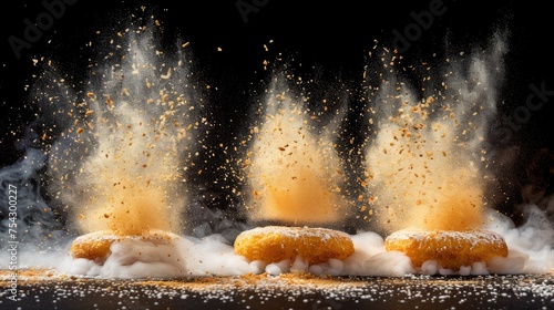  a group of doughnuts sprinkled with powdered sugar and sprinkles on a black background.