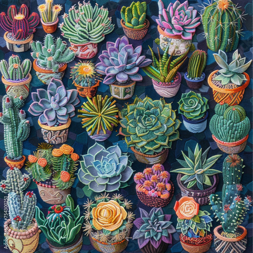 embroidery of top view of different kinds of succulents and cactus 