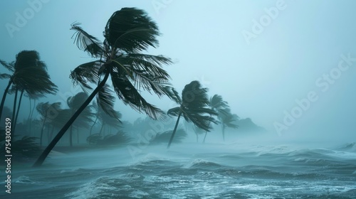 Extreme weather conditions. Very strong wind blows palm trees on island. Tropical storm. Bad weather concept. Flood on the beach. Flooding due to heavy rain. Dangerous thunderstorm. photo