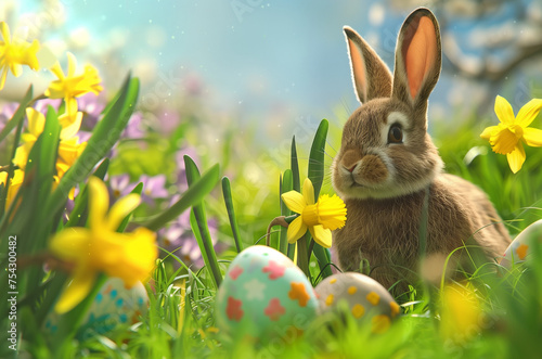 Cute bunny sitting in the grass in between easter eggs