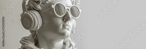 Ancient sculpture with headphones and sunglasses.