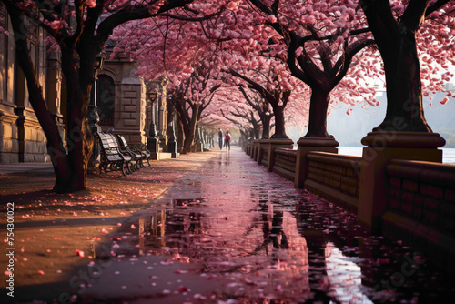 A beautiful route winding through a vibrant cherry blossom forest in full bloom, creating a dreamlike and enchanting scene.
