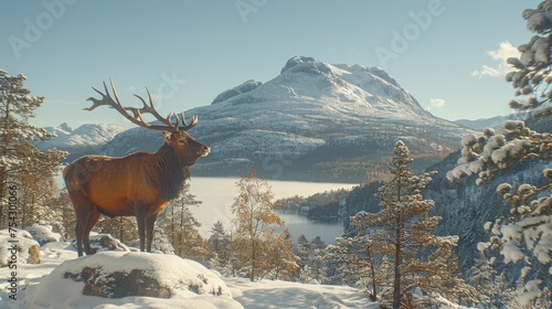  a large elk standing on top of a snow covered slope next to a forest filled with lots of tall trees. photo