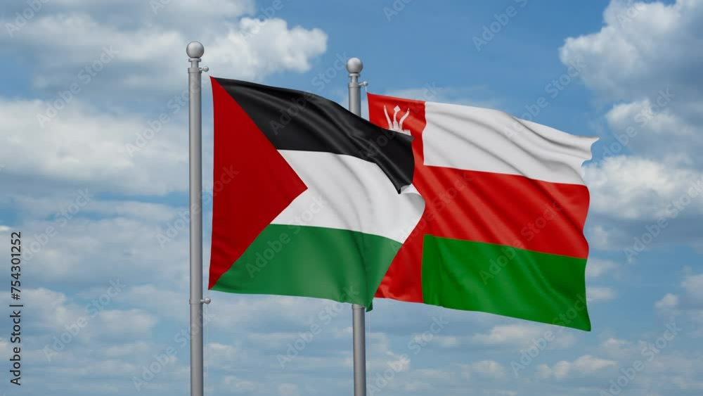 Oman and Palestine two flags waving together, looped video, two country cooperation concept Oman and Palestine two flags waving together, looped video, two country cooperation concept