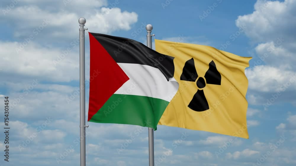 Palestine and Radiation danger flags waving together on looped video, radiation hazard and pollution, nuclear warning concept Palestine and Radiation danger flags waving together on looped video, radiation hazard and pollution, nuclear warning concept