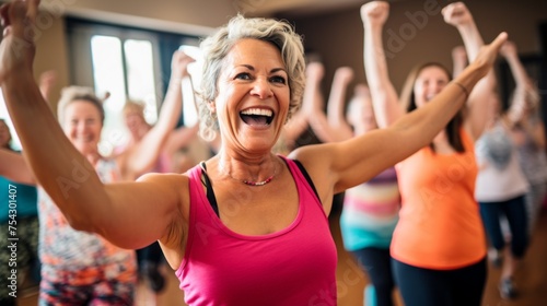 A group of beautiful Cheerful happy middle-aged Women, Friends are enjoying fun energetic zumba dancing in the gym. Training, Coach, Sports, Fitness, Motivation, Healthy Active Lifestyle concepts.