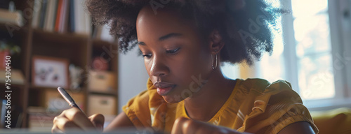 Young african american business woman freelancer, hands holding stylus pen and working on digital tablet pc at home. Close up portrait of girl writing making notes on tablet computer at home