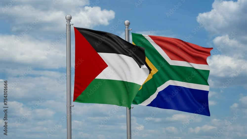 Republic of South Africa and Palestine two flags waving together, looped video, two country cooperation concept Republic of South Africa and Palestine two flags waving together, looped video, two country cooperation concept