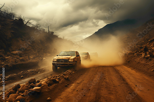 A bumpy, unpaved road surrounded by dust clouds, illustrating the challenges faced by vehicles navigating through poor road conditions.