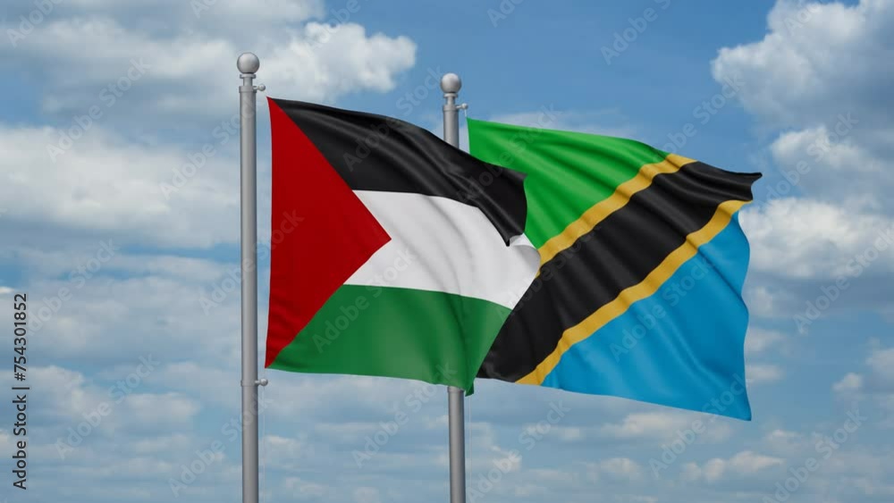 Tanzania and Palestine two flags waving together, looped video, two country cooperation concept Tanzania and Palestine two flags waving together, looped video, two country cooperation concept
