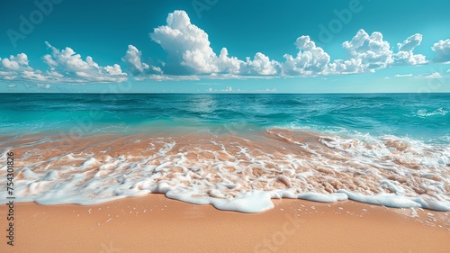 Serene beach scene with fluffy clouds above gentle ocean waves on sandy shore © rorozoa