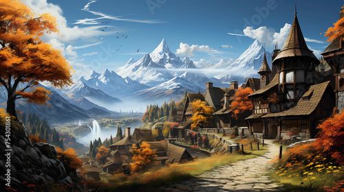 A captivating village nestled in the valley, smoke rising from chimneys of cozy homes, surrounded by vibrant autumn foliage, a moment frozen in HD detail against the backdrop of a clear sky.