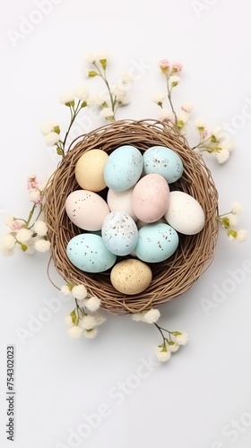 Easter holiday celebration banner greeting card with pastel painted eggs in bird nest on bright background © Spyrydon