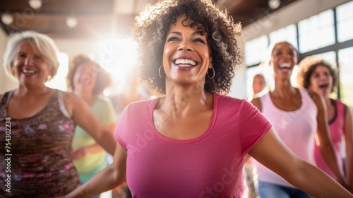 A group of middle-aged Women and Friends enjoy fun energetic zumba dancing in the gym. Training, Coach, Sports, Fitness, Motivation, Healthy Active Lifestyle concepts.
