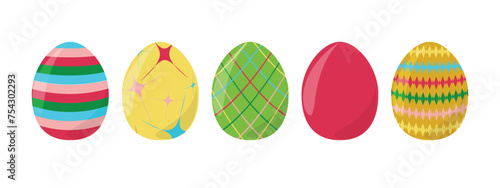 PrintHappy Easter Set colorful eggs with different texture Spring holiday Vector Illustration Cartoon Colored egg with different ornaments Paschal object collection Decorative elements Yellow pink gre