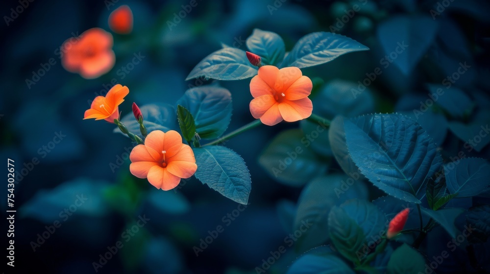 a close up of a flower on a plant with blue leaves and a red flower in the middle of the picture. a close up of a flower on a plant with blue leaves and a red flower in the middle of the picture.