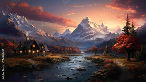 A charming village nestled at the foot of snow-capped mountains, the alpenglow casting a warm hue on the rustic houses and winding pathways, a winter scene captured in crystal-clear HD.