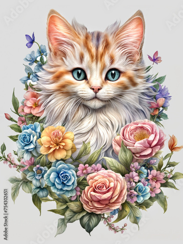 Cat with flowers. Portrait of a fluffy kitten in a floral arrangement. Cute cat on a postcard