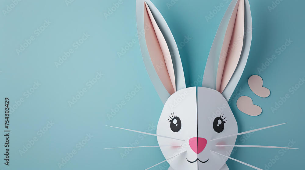 Fototapeta premium cute white bunny face in papercut style. background of colorful papercut animal