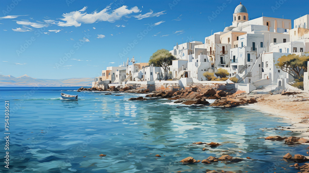 A coastal village with whitewashed houses against a backdrop of azure waters, fishing boats bobbing in the harbor, and seagulls soaring in the sky, a seaside panorama captured in vivid HD detail.