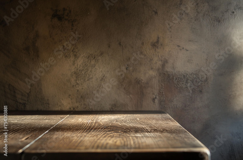 Rustic table close up against brown toned plaster wall with light reflections. Mockup for products, cosmetics montage.