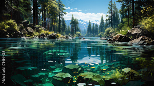 A crystal-clear lake nestled in the heart of a dense forest  reflecting the lush greenery and a clear blue sky.